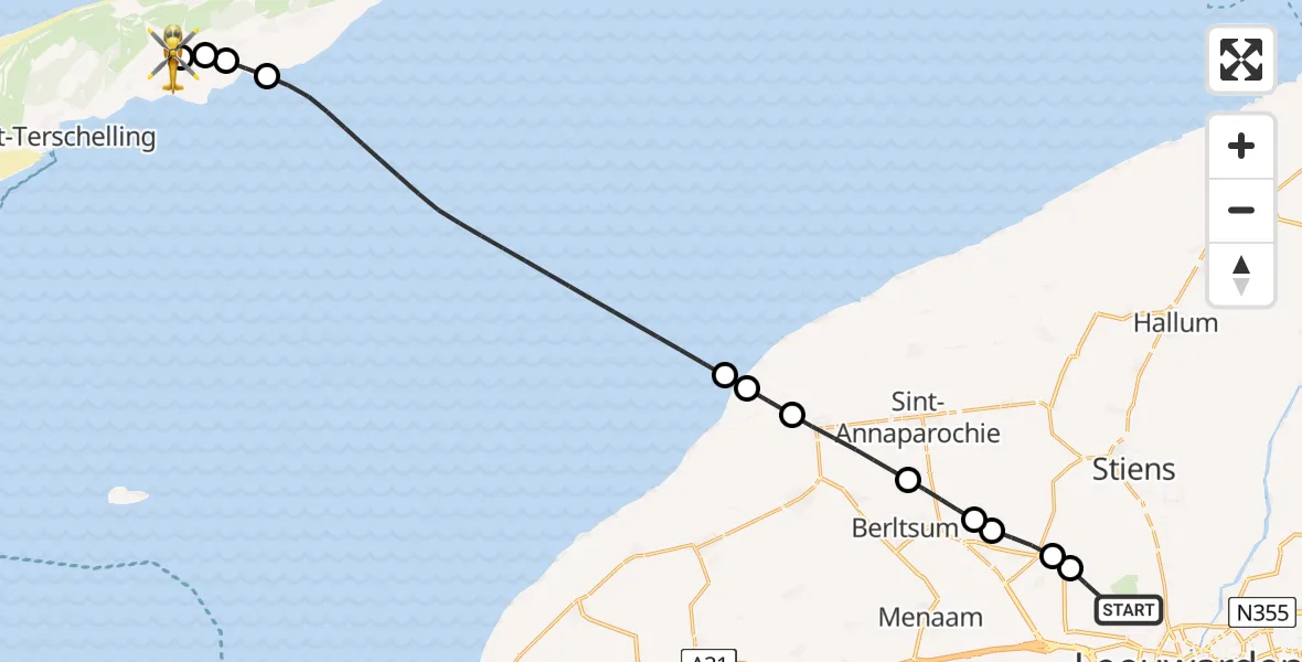 Vluchtroute Ambulancehelikopter van Vliegbasis Leeuwarden naar Terschelling Heliport