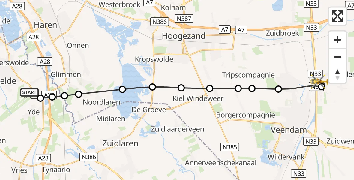 Vluchtroute Traumahelikopter van Groningen Airport Eelde naar Meeden