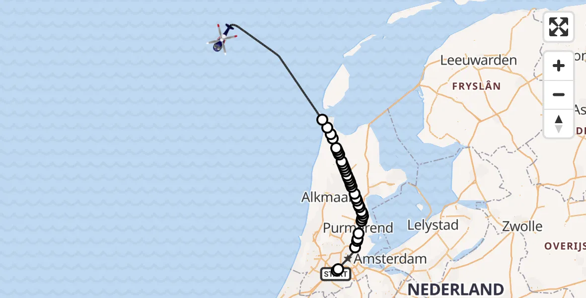 Vluchtroute Politiehelikopter van Amsterdam Vliegveld Schiphol naar Noordzee