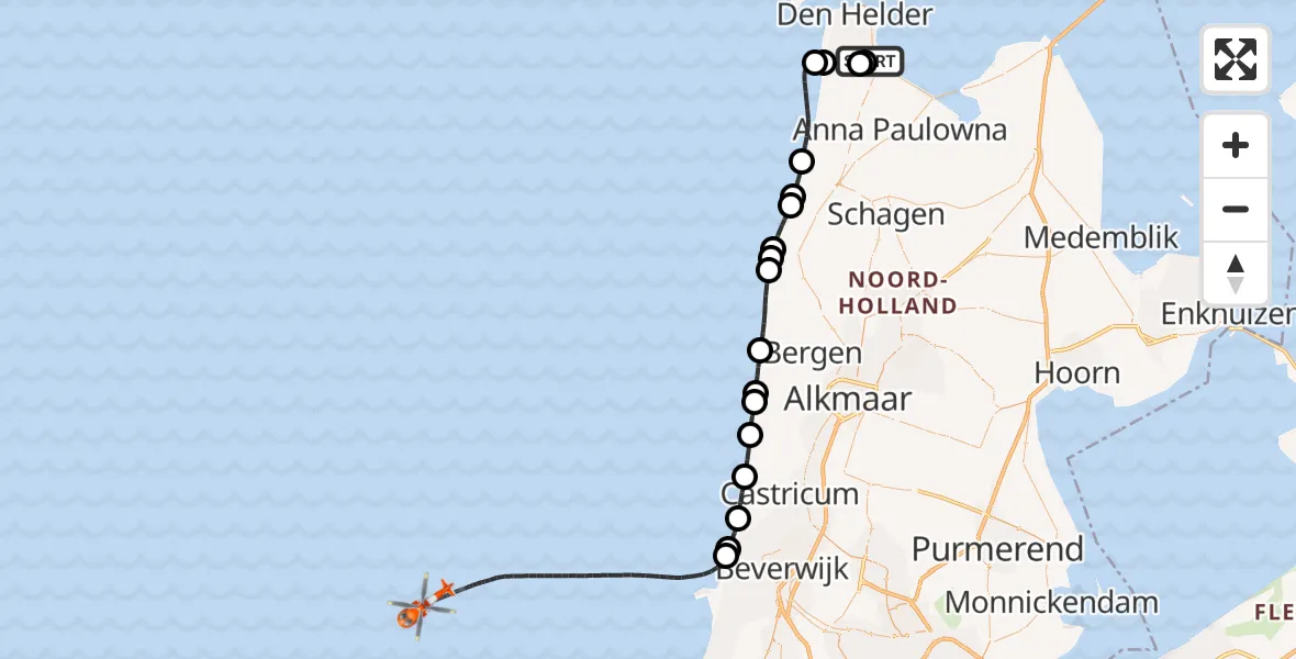 Vluchtroute Kustwachthelikopter van Militair vliegveld De Kooy / Den Helder Airport naar Noordzee