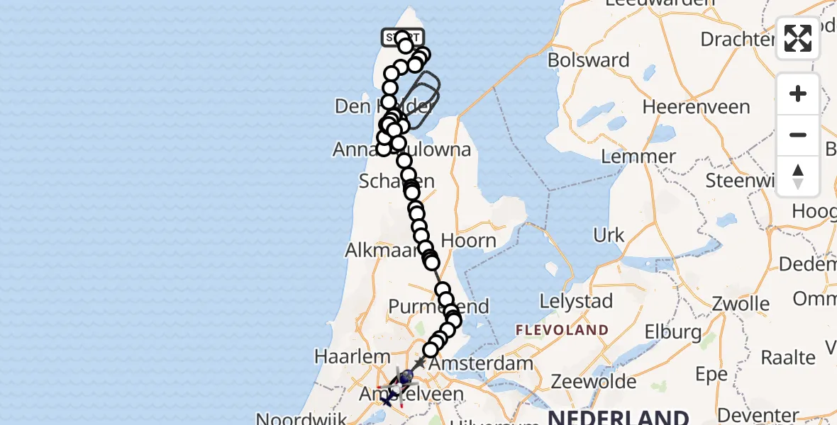 Vluchtroute Politiehelikopter van Texel International Airport naar Amsterdam Vliegveld Schiphol