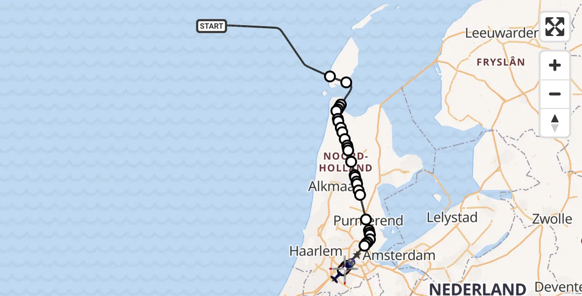 Vluchtroute Politiehelikopter van Noordzee naar Amsterdam Vliegveld Schiphol