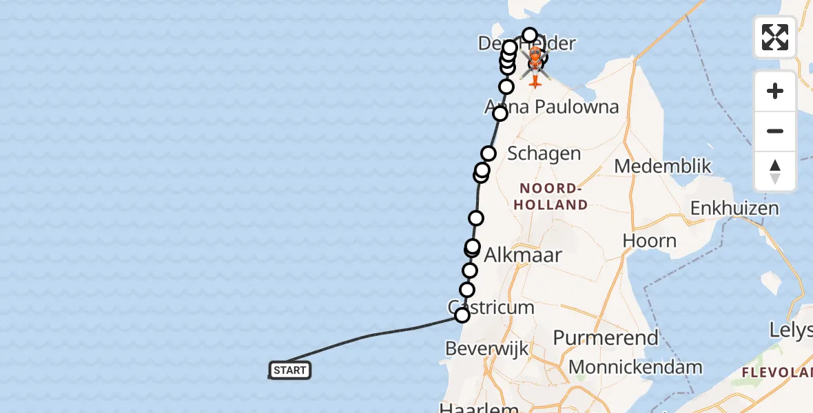 Vluchtroute Kustwachthelikopter van Noordzee naar Militair vliegveld De Kooy / Den Helder Airport