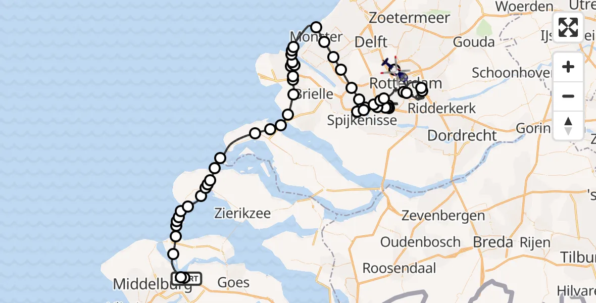 Vluchtroute Politiehelikopter van Vliegveld Midden-Zeeland naar Rotterdam The Hague Airport