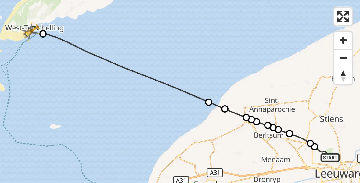 Vluchtroute Ambulancehelikopter van Vliegbasis Leeuwarden naar West-Terschelling