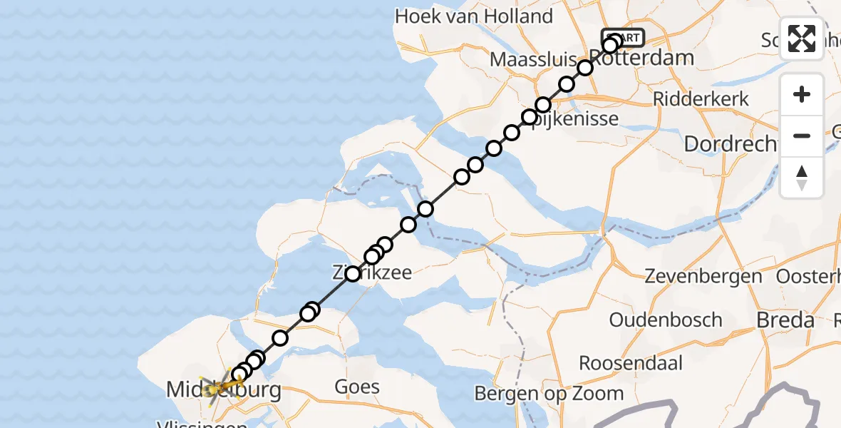 Vluchtroute Traumahelikopter van Rotterdam The Hague Airport naar Middelburg