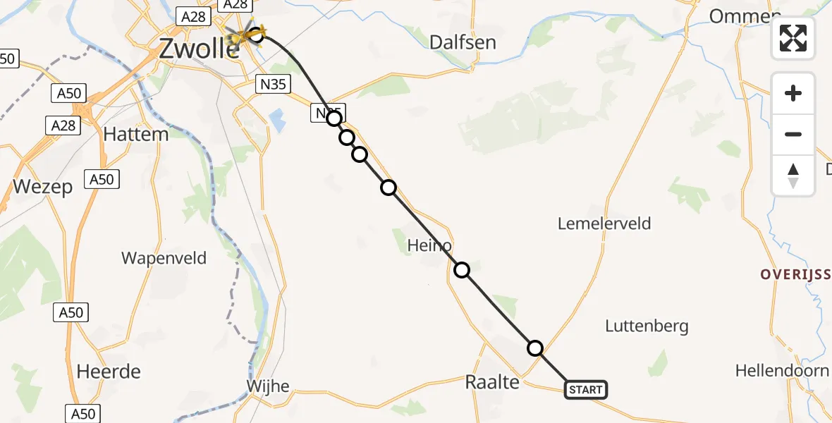 Vluchtroute Traumahelikopter van Mariënheem naar Isala Hospital Zwolle Heliport