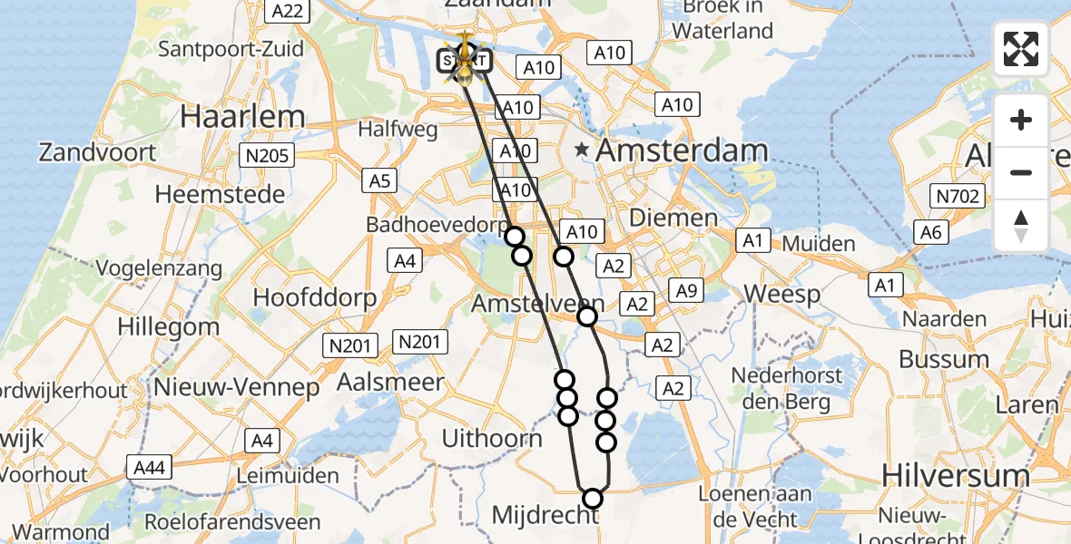 Vluchtroute Traumahelikopter van Amsterdam Heliport naar Amsterdam Heliport