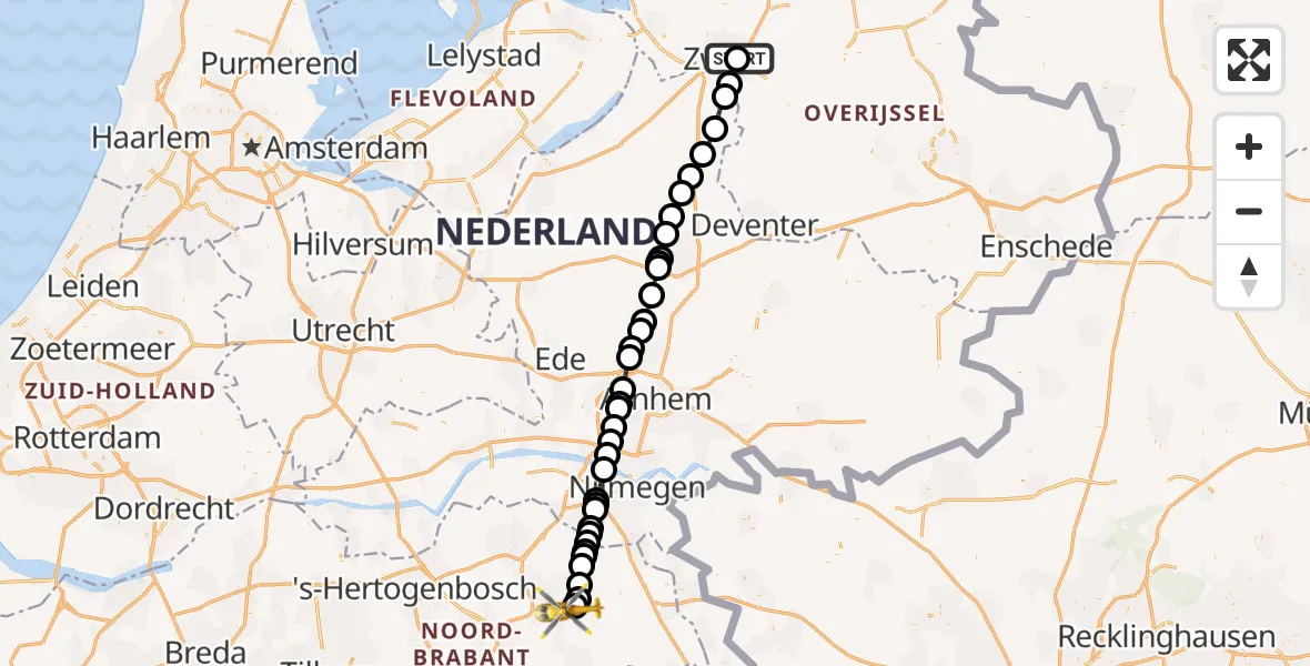 Vluchtroute Traumahelikopter van Isala Hospital Zwolle Heliport naar Vliegbasis Volkel