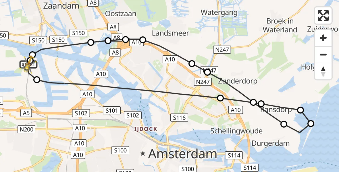 Vluchtroute Traumahelikopter van Amsterdam Heliport naar Amsterdam Heliport