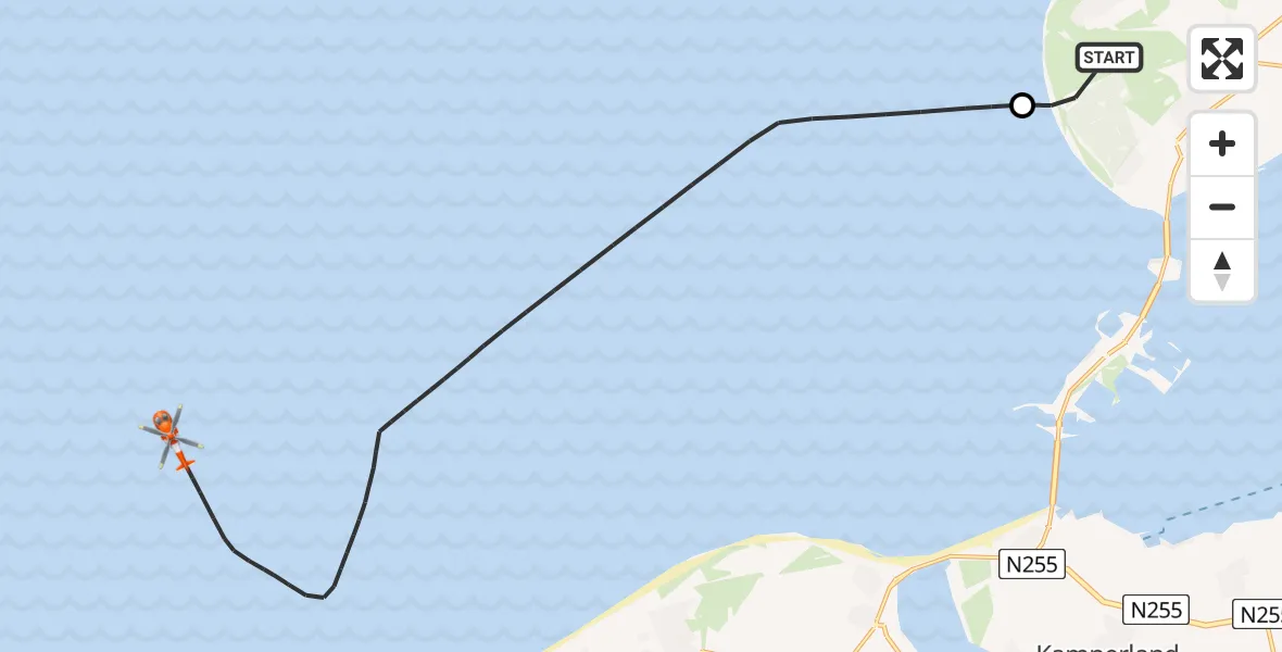 Vluchtroute Kustwachthelikopter van Burgh-Haamstede naar Noordzee