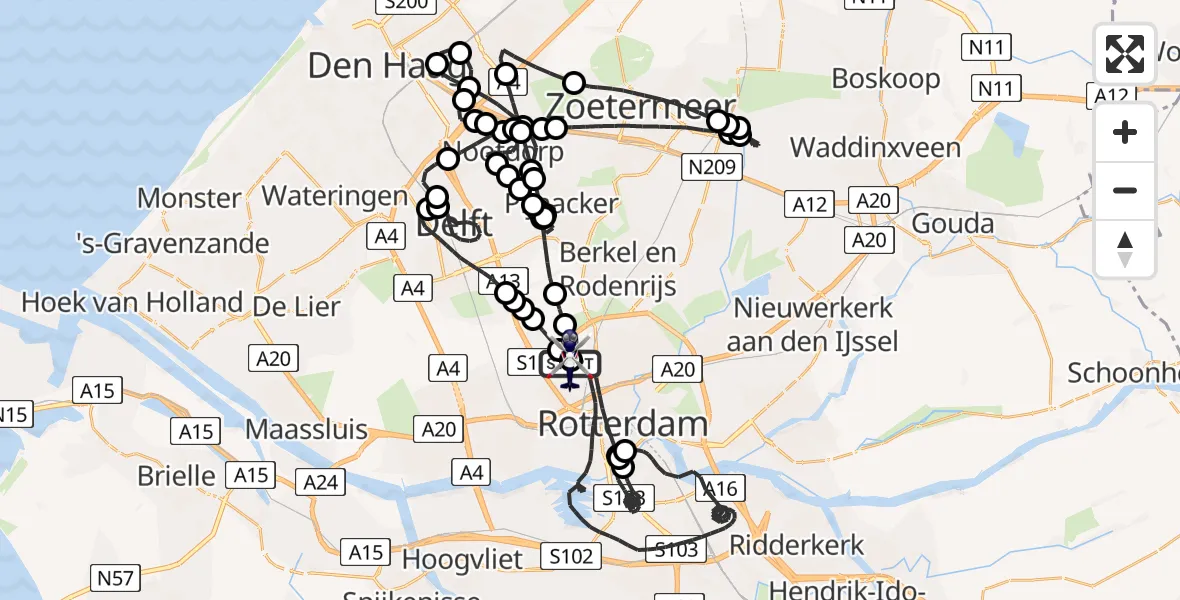 Vluchtroute Politiehelikopter van Rotterdam The Hague Airport naar Rotterdam The Hague Airport
