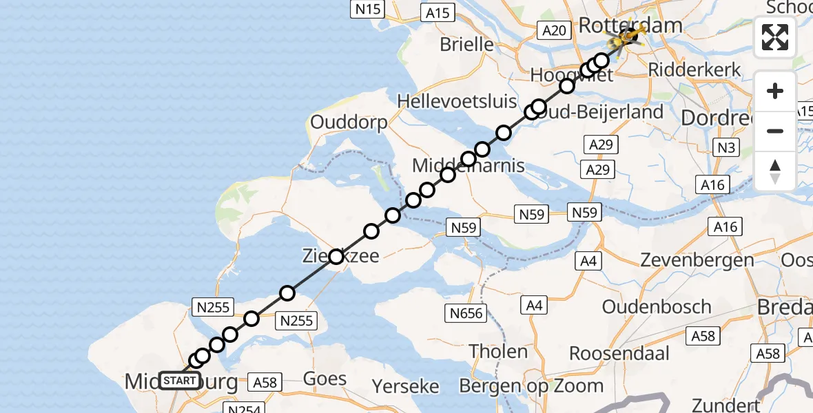 Vluchtroute Traumahelikopter van Middelburg naar Leids Universitair Medisch Centrum (LUMC)