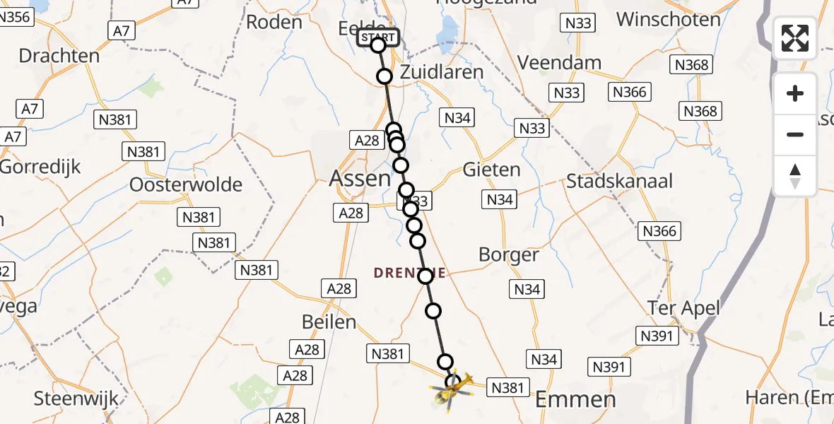 Vluchtroute Traumahelikopter van Groningen Airport Eelde naar Aalden