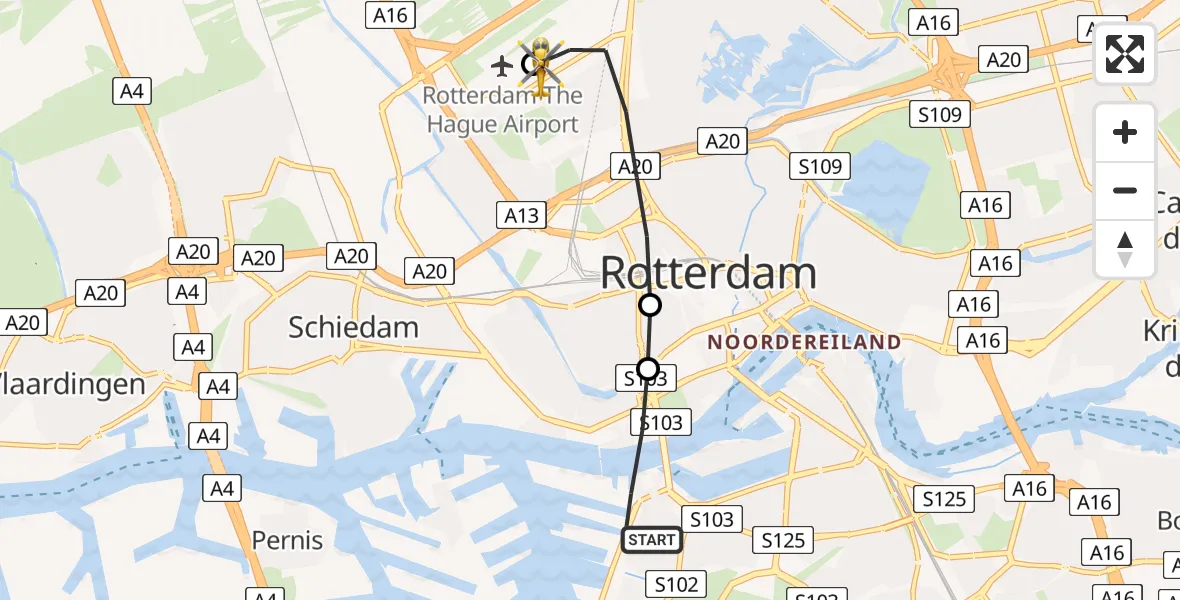 Vluchtroute Traumahelikopter van Rotterdam naar Rotterdam The Hague Airport
