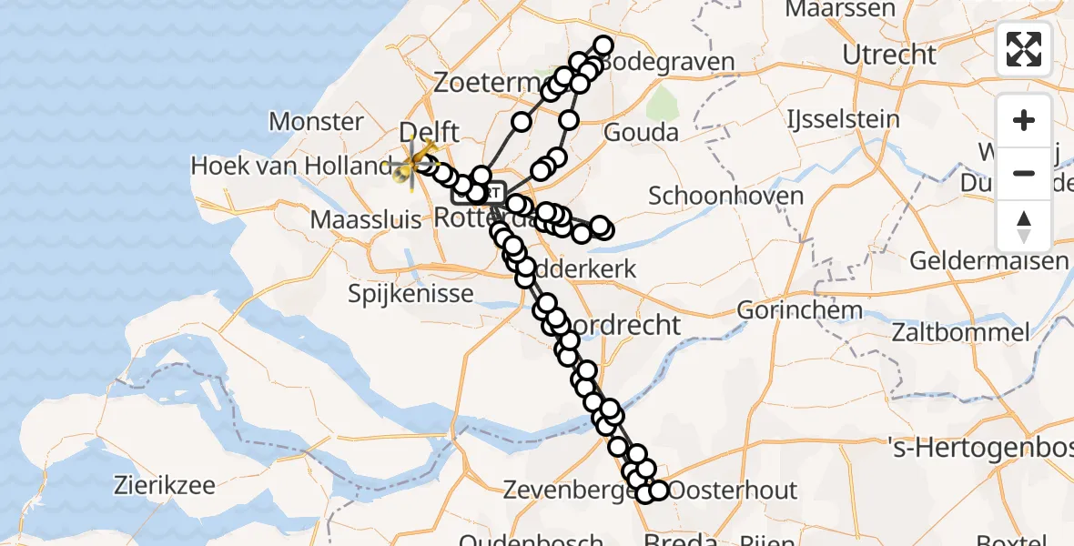 Vluchtroute Traumahelikopter van Rotterdam The Hague Airport naar Delft