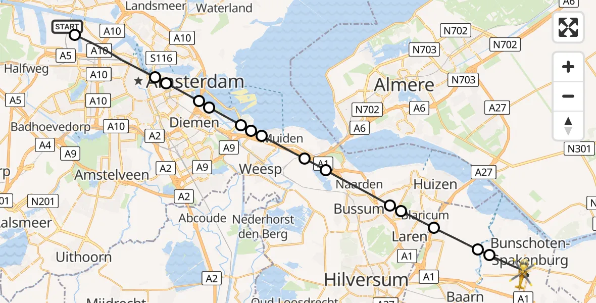 Vluchtroute Traumahelikopter van Amsterdam Heliport naar Bunschoten-Spakenburg