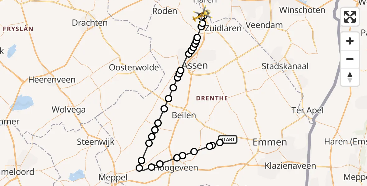 Vluchtroute Traumahelikopter van Aalden naar Groningen Airport Eelde