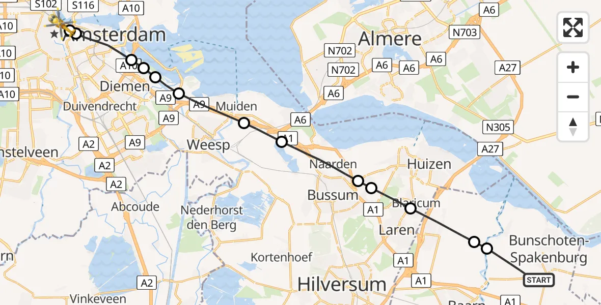 Vluchtroute Traumahelikopter van Bunschoten-Spakenburg naar Amsterdam