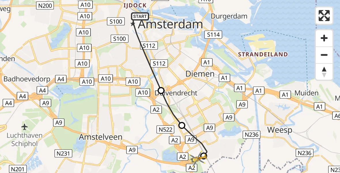 Vluchtroute Traumahelikopter van Amsterdam naar Amsterdam UMC Helipad