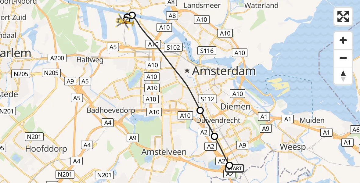 Vluchtroute Traumahelikopter van Amsterdam UMC Helipad naar Amsterdam Heliport