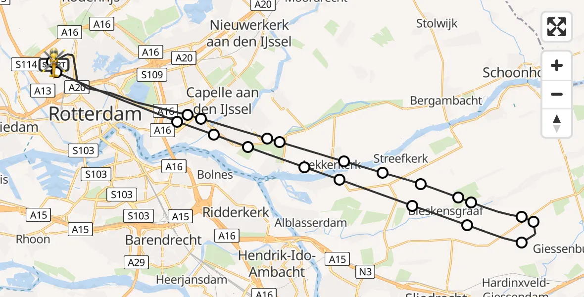 Vluchtroute Traumahelikopter van Rotterdam The Hague Airport naar Rotterdam The Hague Airport