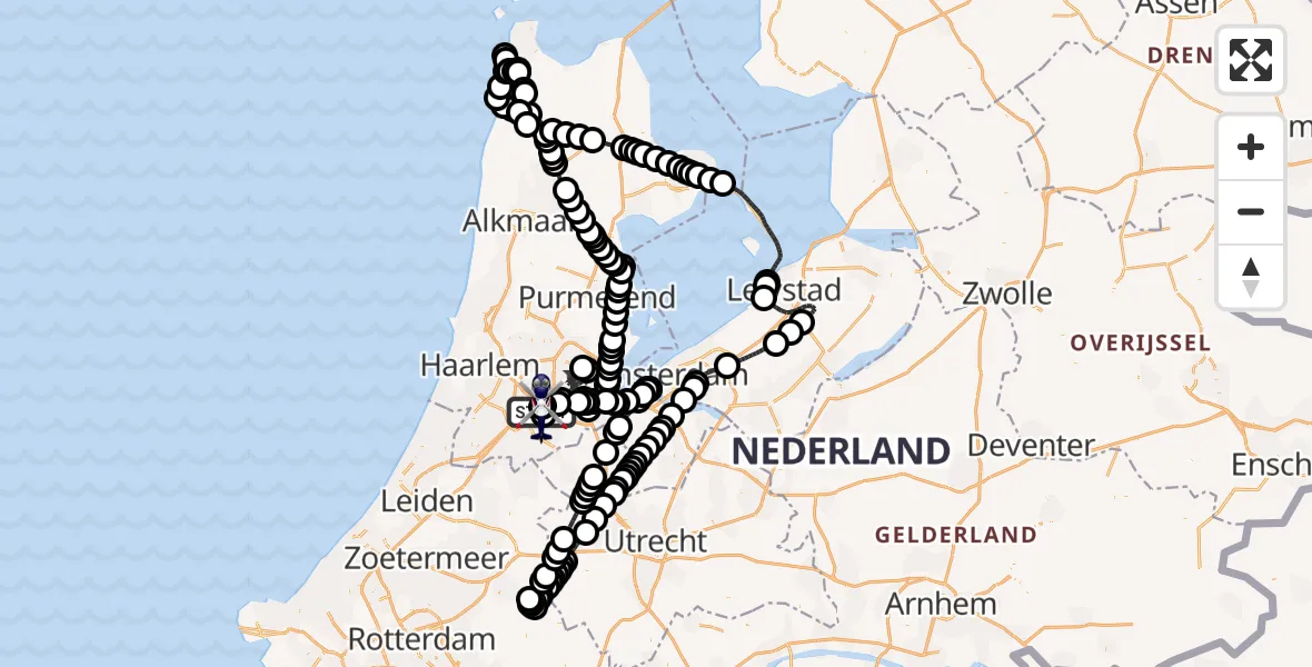 Vluchtroute Politiehelikopter van Amsterdam Vliegveld Schiphol naar Amsterdam Vliegveld Schiphol