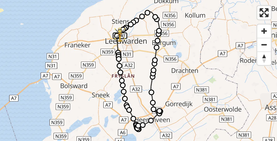 Vluchtroute Ambulancehelikopter van Vliegbasis Leeuwarden naar Vliegbasis Leeuwarden