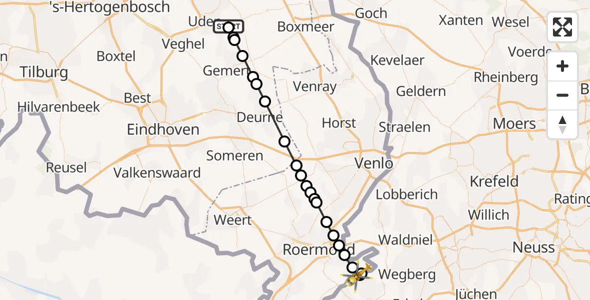 Vluchtroute Traumahelikopter van Vliegbasis Volkel naar Vlodrop
