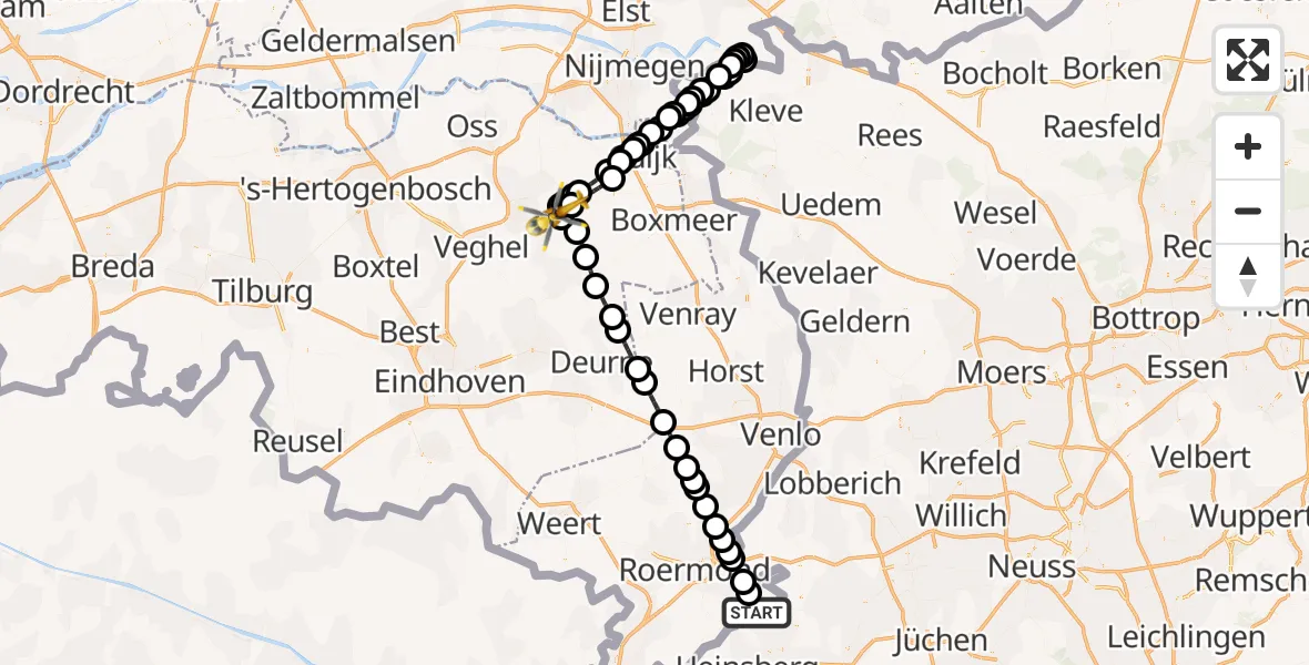 Vluchtroute Traumahelikopter van Vlodrop naar Vliegbasis Volkel