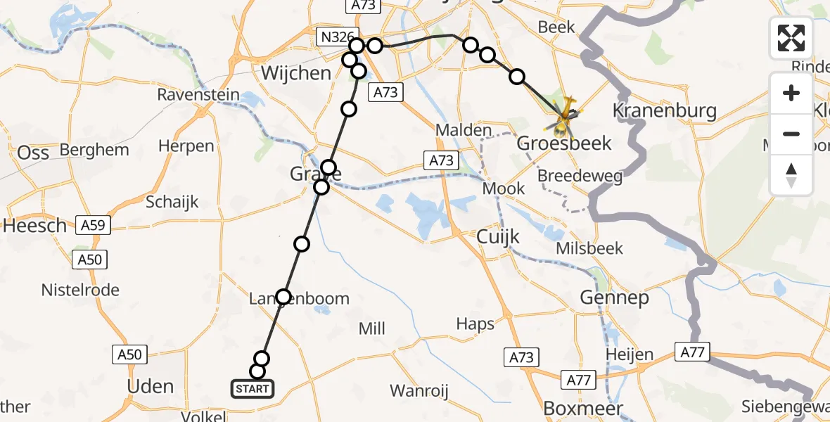 Vluchtroute Traumahelikopter van Vliegbasis Volkel naar Groesbeek