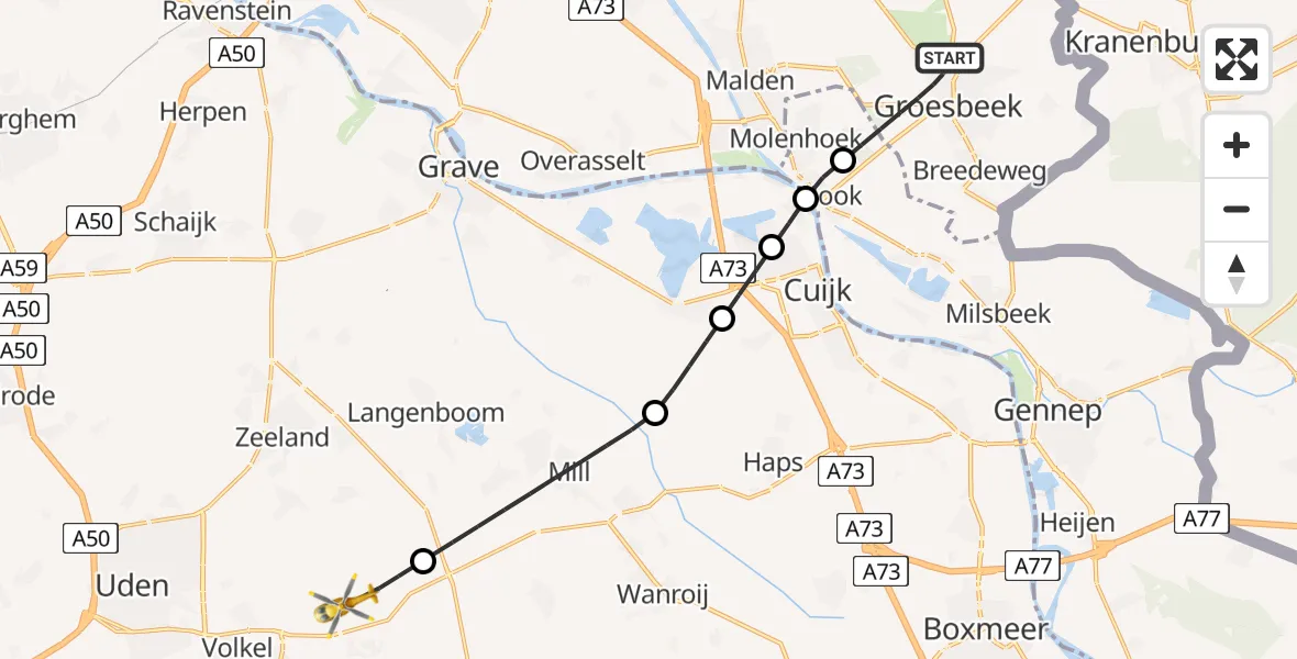 Vluchtroute Traumahelikopter van Groesbeek naar Vliegbasis Volkel