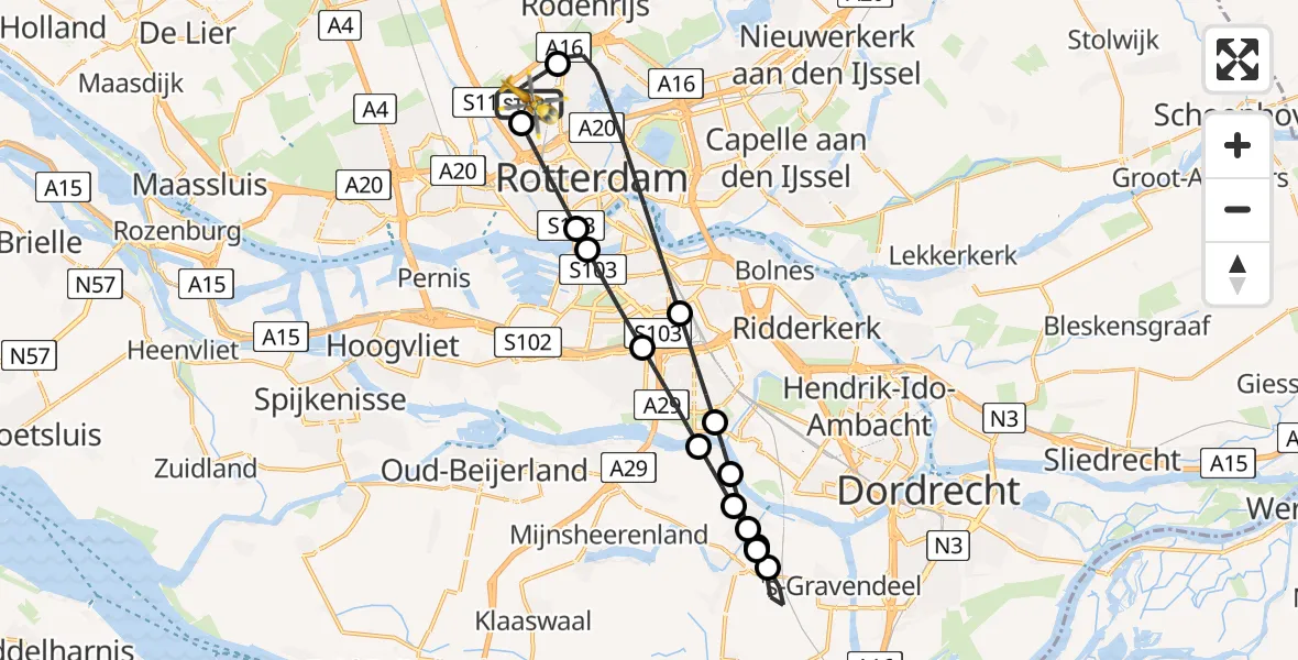 Vluchtroute Traumahelikopter van Rotterdam The Hague Airport naar Rotterdam The Hague Airport