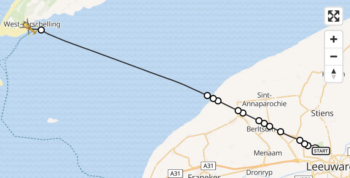 Vluchtroute Ambulancehelikopter van Vliegbasis Leeuwarden naar West-Terschelling