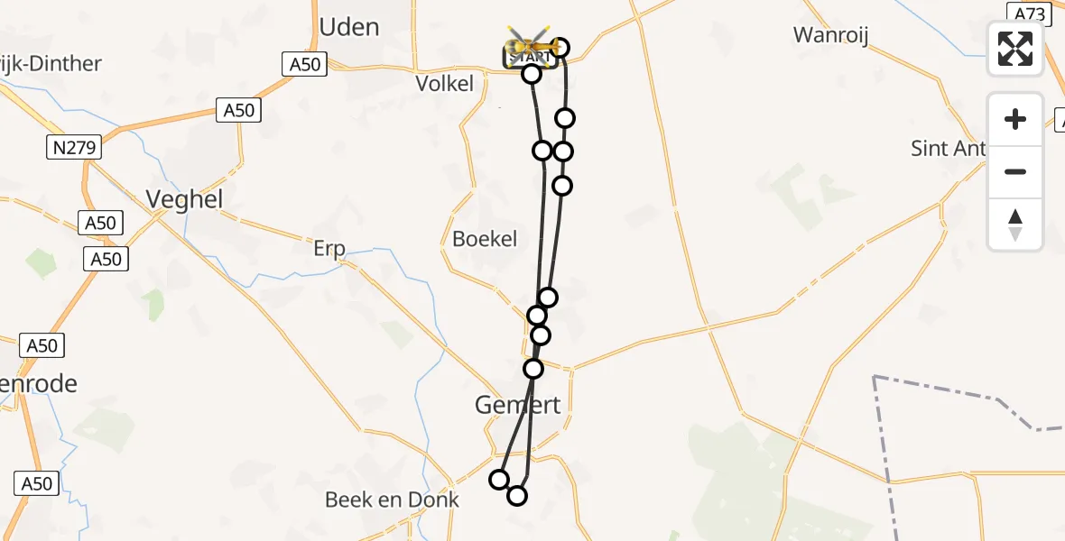 Vluchtroute Traumahelikopter van Vliegbasis Volkel naar Vliegbasis Volkel