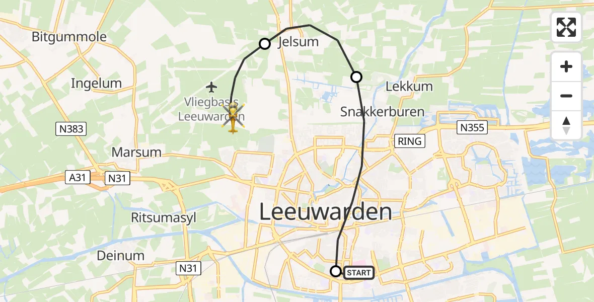 Vluchtroute Ambulancehelikopter van Leeuwarden Medical Center Heliport naar Vliegbasis Leeuwarden