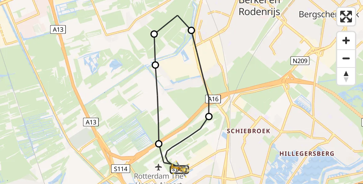 Vluchtroute Traumahelikopter van Rotterdam The Hague Airport naar Rotterdam The Hague Airport