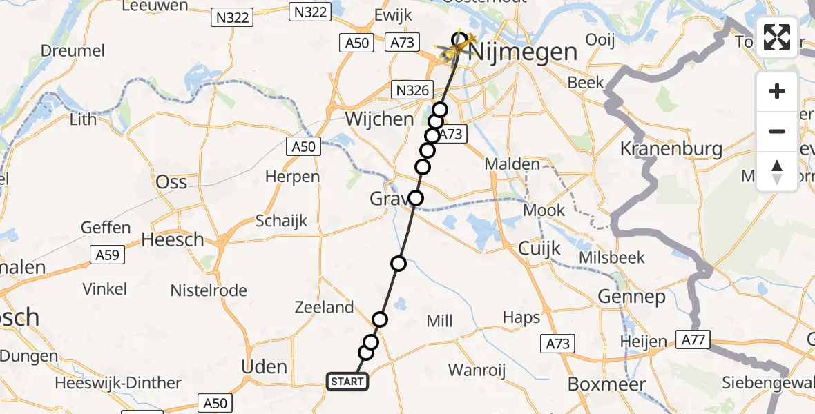 Vluchtroute Traumahelikopter van Vliegbasis Volkel naar Weurt