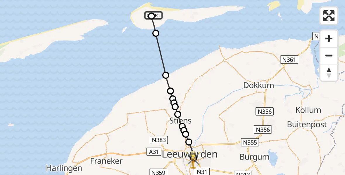 Vluchtroute Ambulancehelikopter van Ameland Vliegveld Ballum naar Leeuwarden Medical Center Heliport