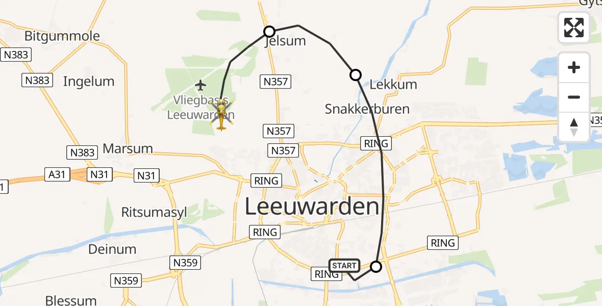 Vluchtroute Ambulancehelikopter van Leeuwarden Medical Center Heliport naar Vliegbasis Leeuwarden