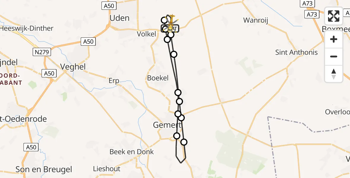 Vluchtroute Traumahelikopter van Vliegbasis Volkel naar Vliegbasis Volkel
