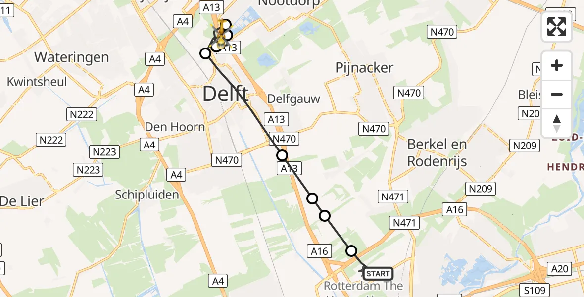 Vluchtroute Traumahelikopter van Rotterdam The Hague Airport naar Den Haag