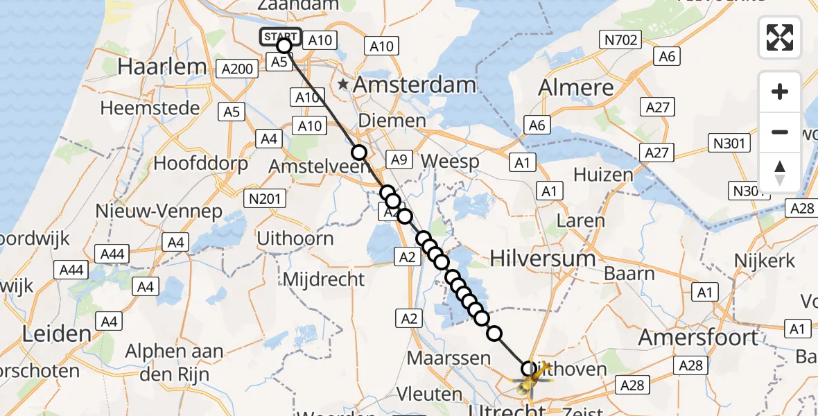 Vluchtroute Traumahelikopter van Amsterdam Heliport naar Groenekan