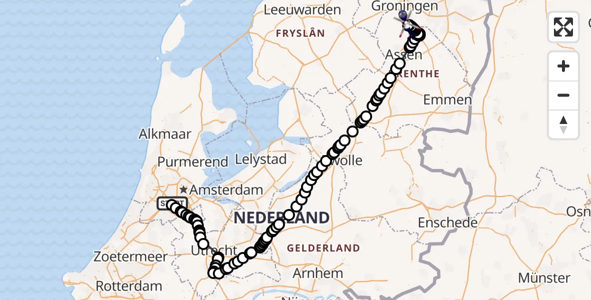 Vluchtroute Politiehelikopter van Amsterdam Vliegveld Schiphol naar Groningen Airport Eelde
