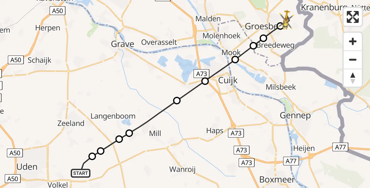 Vluchtroute Traumahelikopter van Vliegbasis Volkel naar De Horst