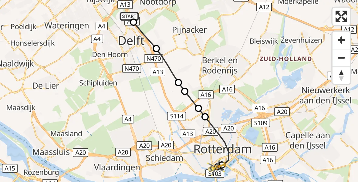 Vluchtroute Traumahelikopter van Den Haag naar Leids Universitair Medisch Centrum (LUMC)