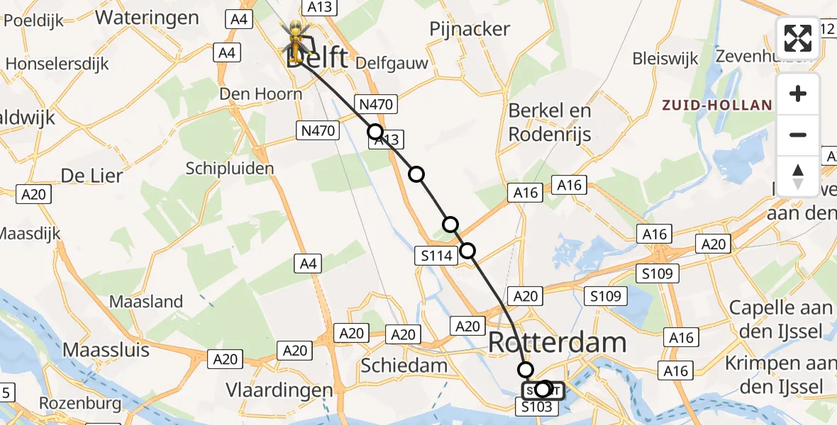 Vluchtroute Traumahelikopter van Leids Universitair Medisch Centrum (LUMC) naar Delft