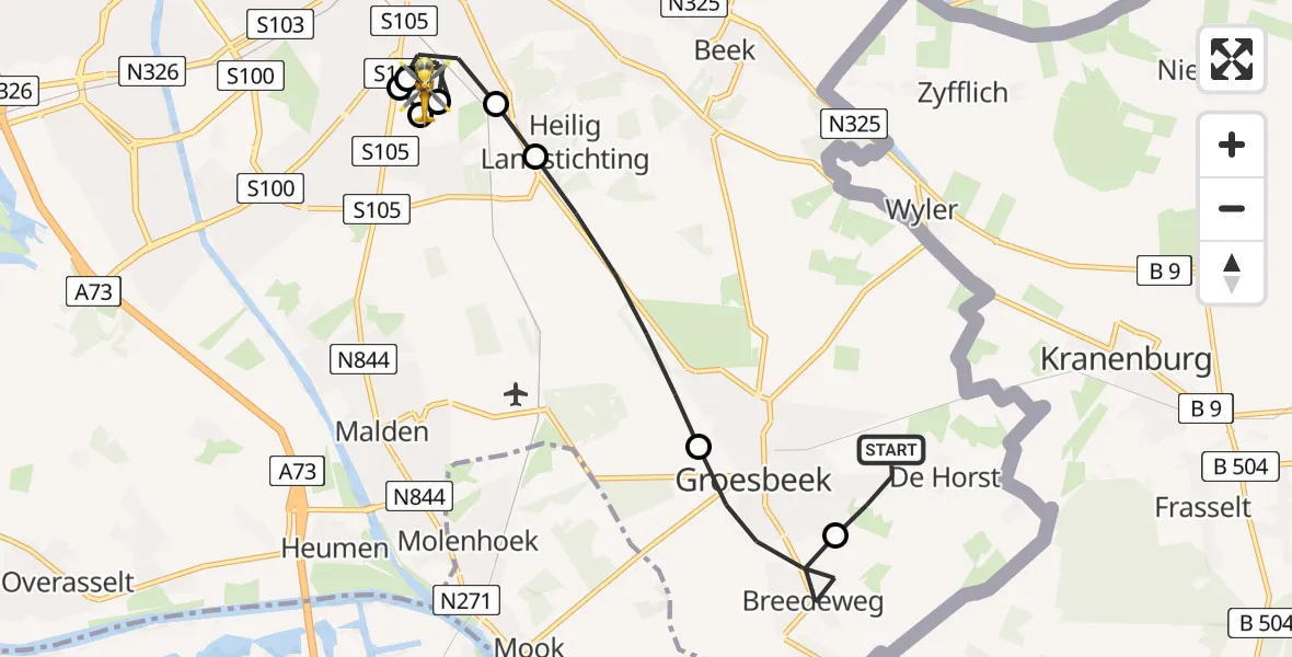 Vluchtroute Traumahelikopter van De Horst naar Radboud University Medical Center Heliport