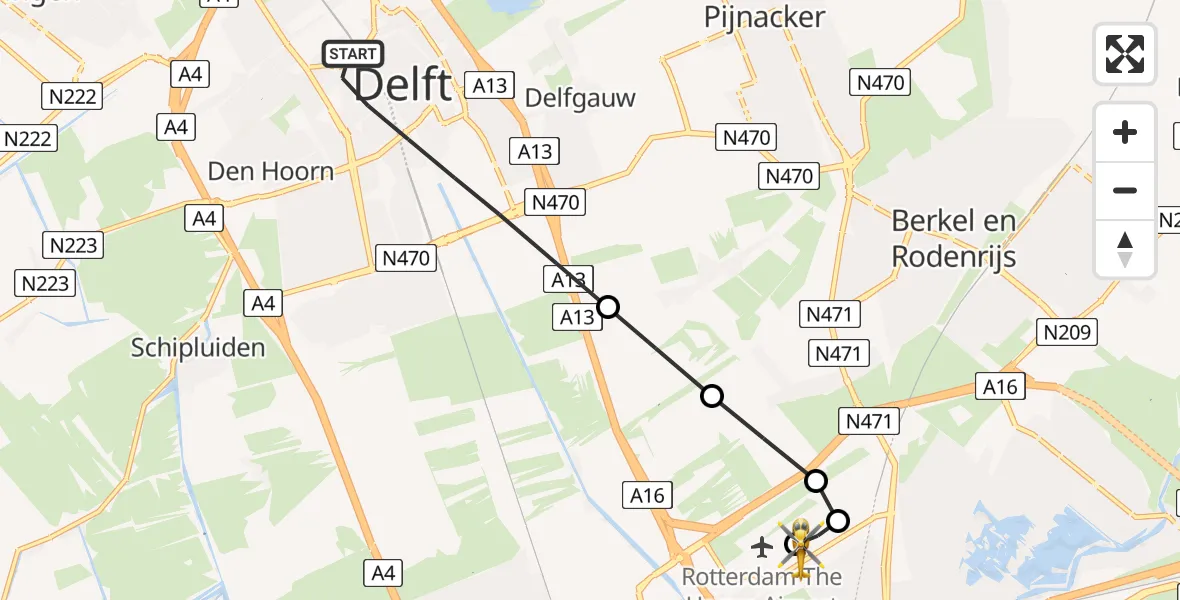 Vluchtroute Traumahelikopter van Delft naar Rotterdam The Hague Airport