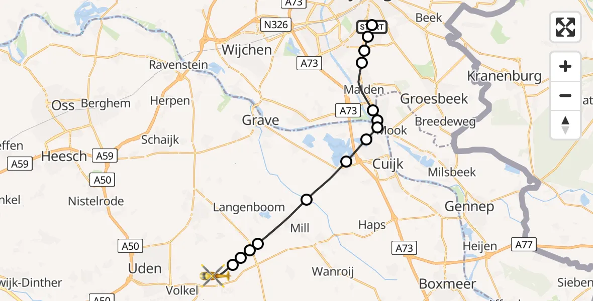 Vluchtroute Traumahelikopter van Radboud Universitair Medisch Centrum naar Vliegbasis Volkel